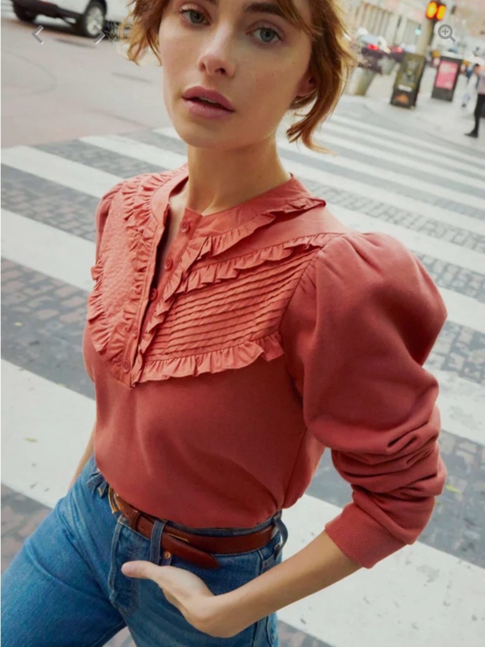 NATION LTD Fifi Frilly Pintuck Combo Puff Sleeve Sweatshirt in Red Clay Size M